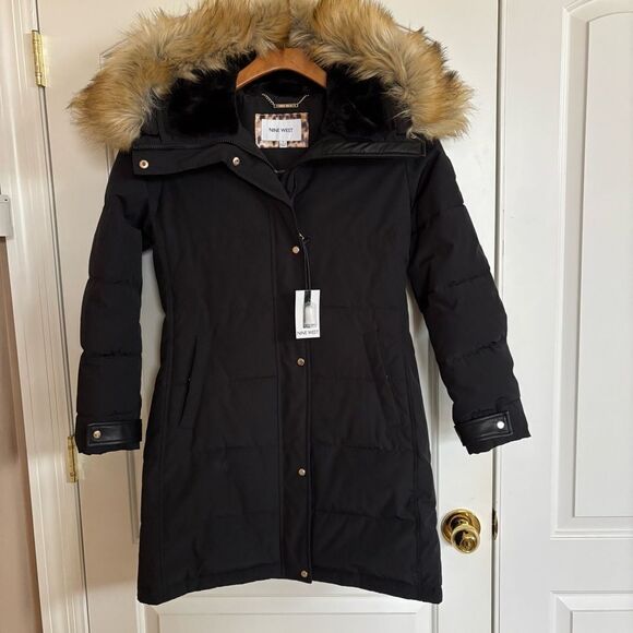 NWT Nine West Black Parka Faux Fur Hooded Puffer Coat Mid length size‎ small - Picture 1 of 13